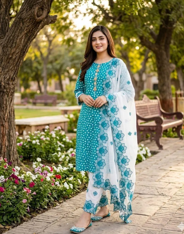 Green Digital Print Lawn Shirt with Embroidered Cotton Trouser & Chiffon Dupatta