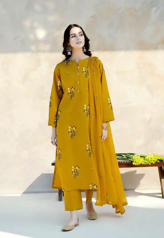 Yellow Floral Embroidered 3-Piece Lawn Suit for Women