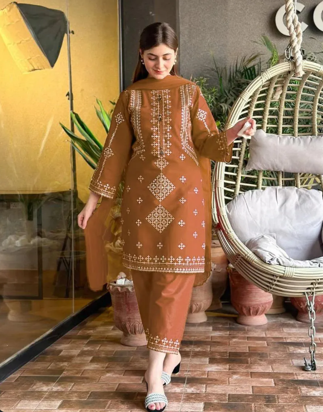 Brown Embroidered 3Pc Suit with Sequins & Duppatta