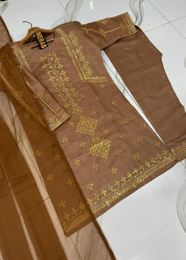 Brown Embroidered 3Pc Suit with Sequins & Duppatta