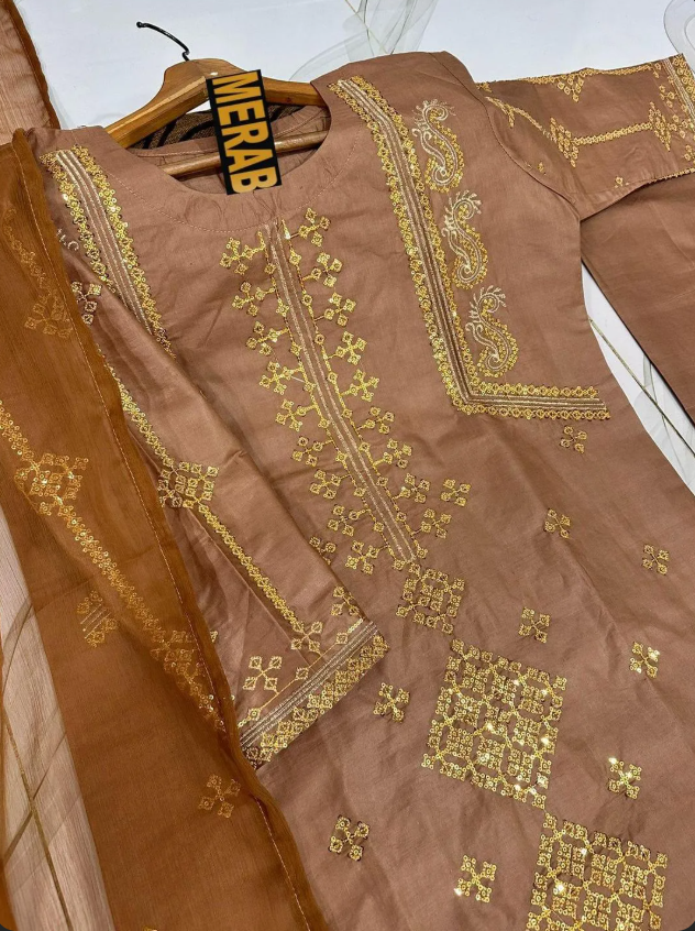 Brown Embroidered 3Pc Suit with Sequins & Duppatta