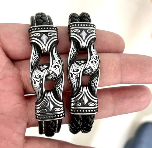 Black Viking Leather Bracelet for Men