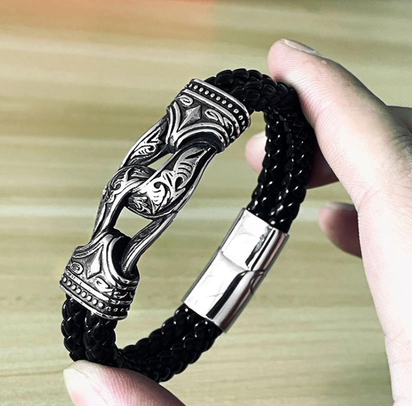 Black Viking Leather Bracelet for Men