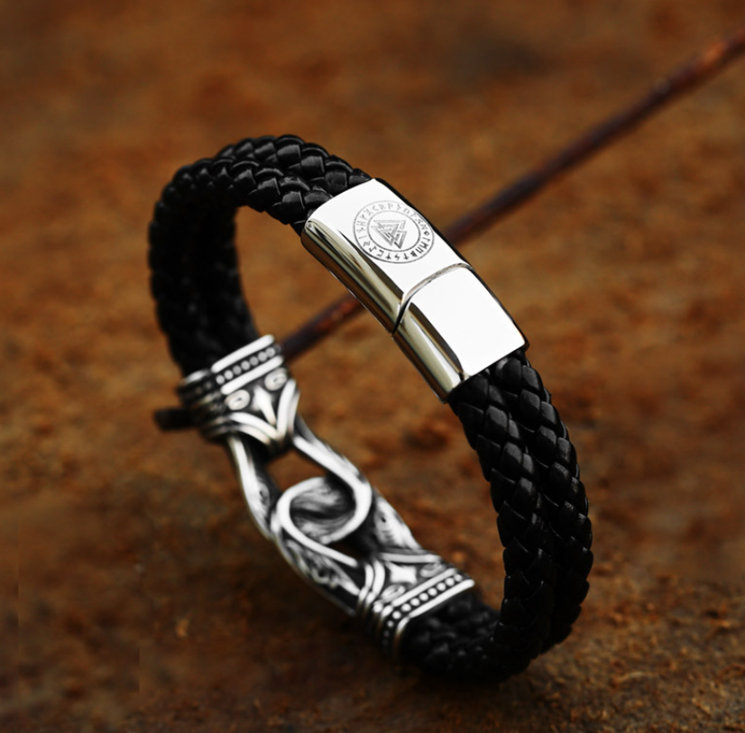 Black Viking Leather Bracelet for Men