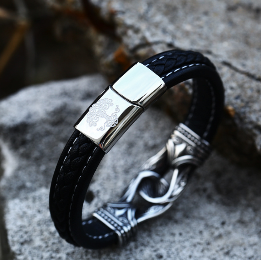 Black Viking Leather Bracelet for Men