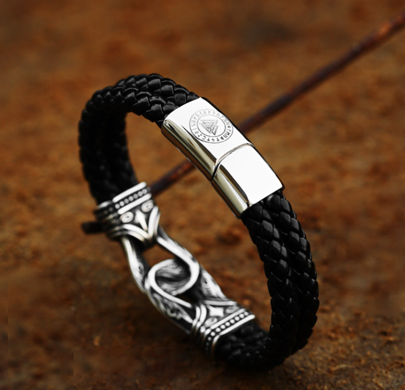 Black Viking Leather Bracelet for Men