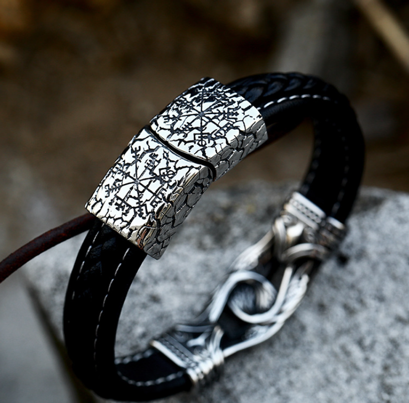 Black Viking Leather Bracelet for Men