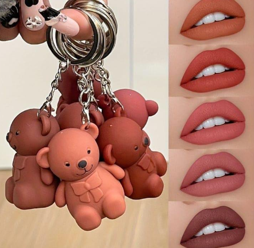 Nude Velvet Lip Gloss 2 Pcs Teddy Bear Keychain