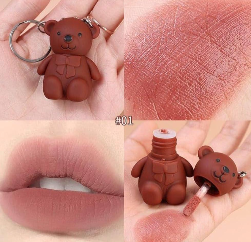Nude Velvet Lip Gloss 2 Pcs Teddy Bear Keychain